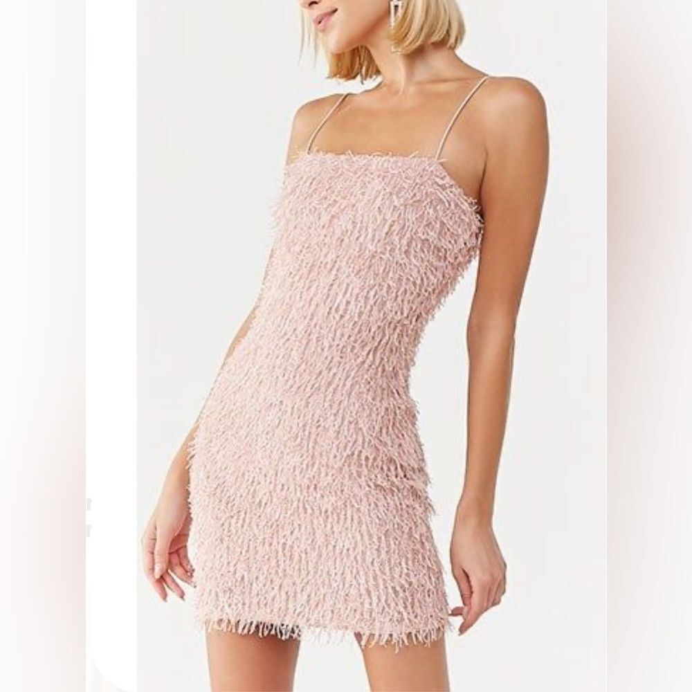 Pink fuzzy eyelash fringe sparkling cami mini dress size medium